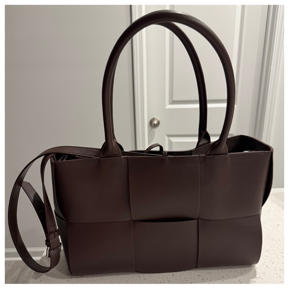 Chocolate Brown Woven Leather Tote with Dual Handles